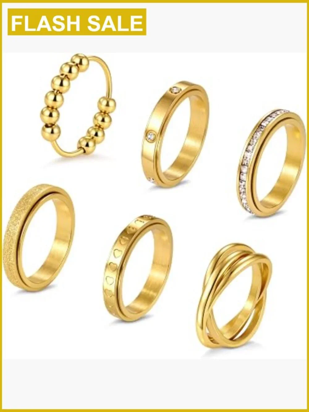6 Pcs Fidget Spinner Rings Set Stainless Steel Gold Stackable Anxiety Relief